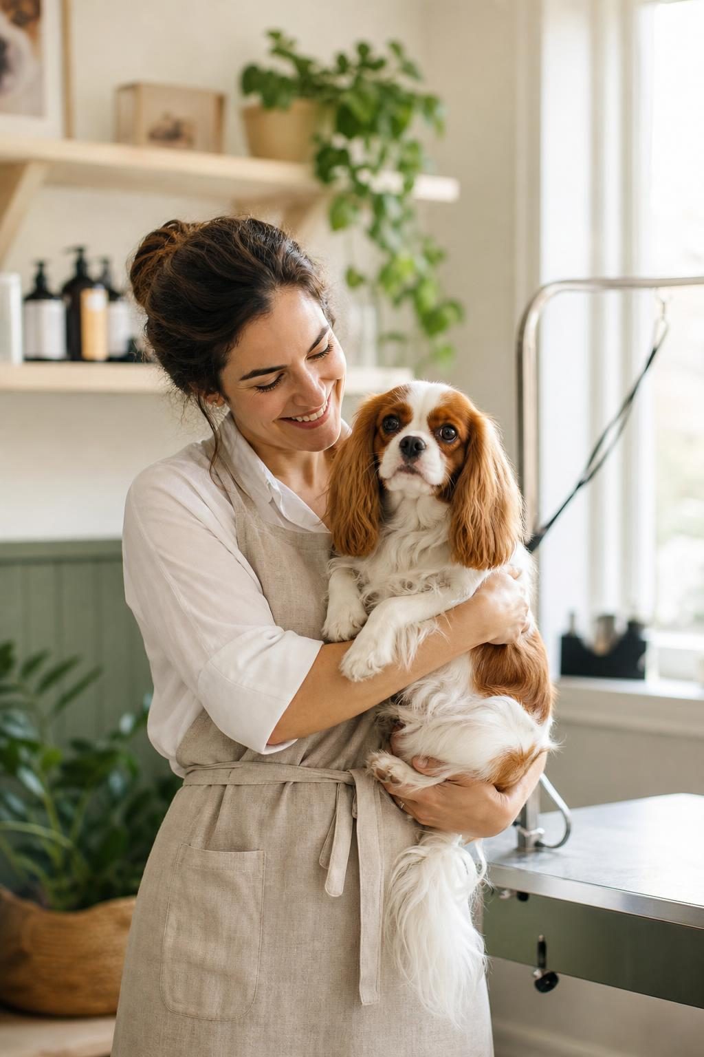 The groomer holding a cavalier King Charles spaniel.