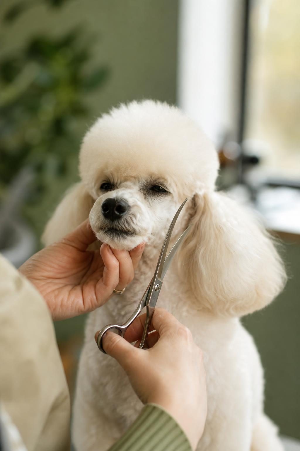 A groomer trimming a white poodle’s face with scissors.