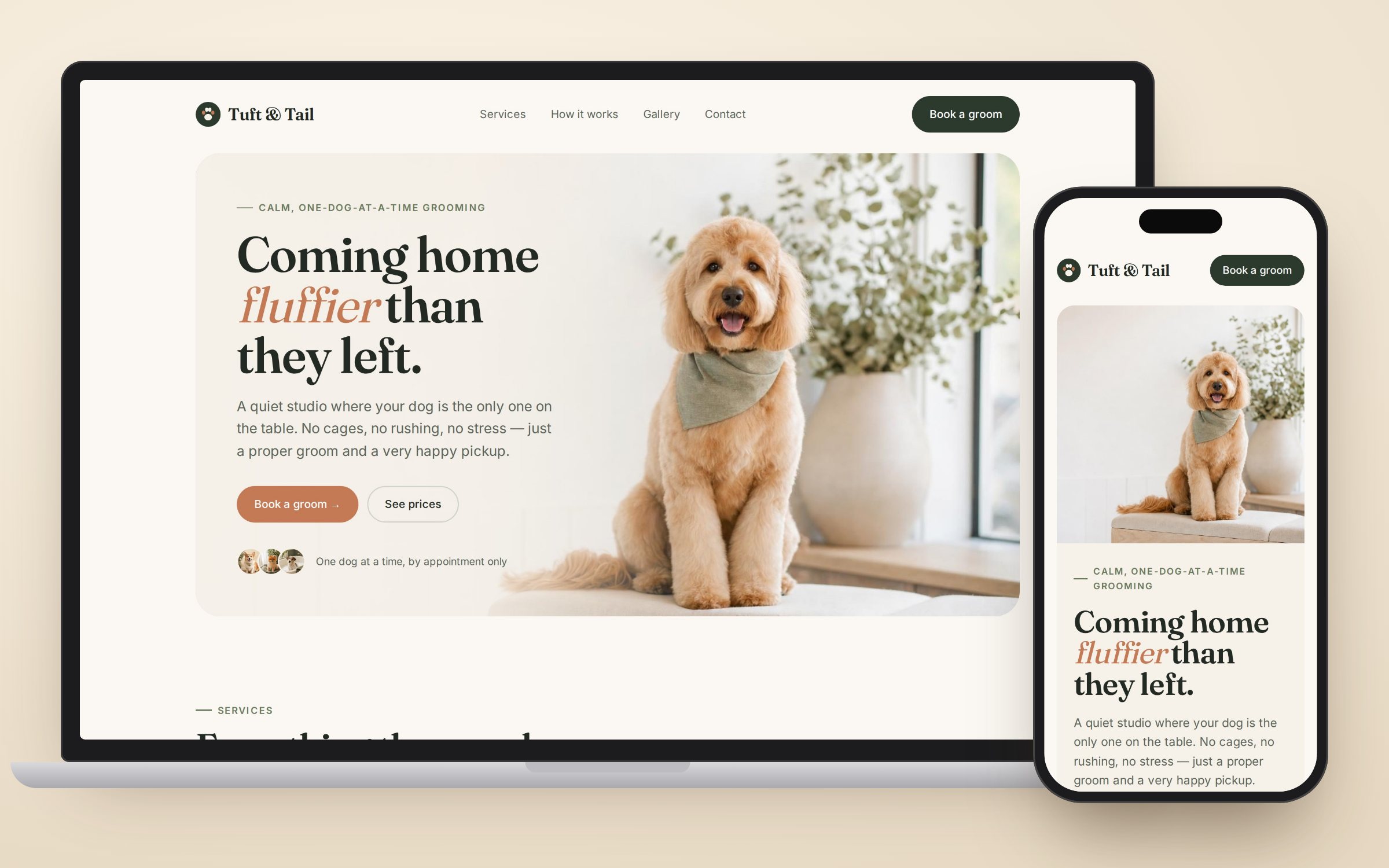 The example dog grooming site, Tuft & Tail, shown on a laptop and a phone: a large photo of a freshly groomed goldendoodle beside the headline “Coming home fluffier than they left.”